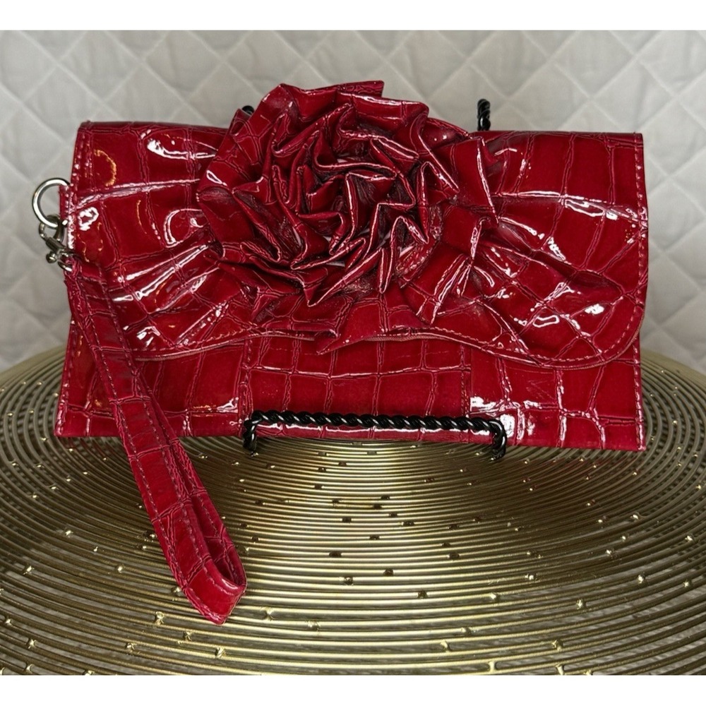 Chateau Y2K Red Rosette Wristlet Croc Embossed Statement Bag Prom Wedding